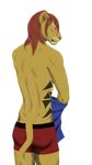  anthro blue_eyes boxers_(clothing) butt clothing craeque feline fur hair hi_res lion long_hair looking_at_viewer male mammal red_hair rosynochre scowl simple_background slim solo tattoo underwear 
