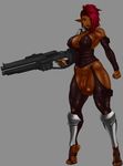  absurd_res alien armor balls big_balls braided_hair breasts brown_eyes brown_skin choker clothed clothing dark_skin digitigrade fenoxo flaccid footwear gun hair hi_res humanoid humanoid_penis intersex long_ears looking_at_viewer not_furry penis ranged_weapon red_hair sandals scar solo trials_in_tainted_space uthstar01 vein video_games weapon 