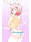  2016 border butt clothed clothing female fur hair hi_res hoshicchi lagomorph looking_at_viewer looking_back mammal one_eye_closed panties pink_hair rabbit rear_view red_eyes simple_background solo striped_panties sweater underwear white_border white_fur wink young 