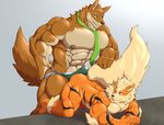 2016 abs all_fours anthro arcanine ass_up bamwuff barefoot biceps big_muscles black_nose brown_fur bulge butt canine clothed clothing croiyan cum_in_underwear cum_through_clothing cum_through_underwear duo erection fist fluffy_tail from_behind_position fur green_eyes hand_on_butt jockstrap looking_back looking_down male male/male mammal muscular muscular_male neck_tuft necktie nintendo nipples nude orange_fur pecs penis pointy_ears pok&eacute;mon red_eyes red_penis rubbing sex standing topless tuft underwear video_games white_fur wolf 