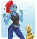  &lt;3 clothing duo fangs female fish marine melee_weapon monster_kid polearm reptile scalie sharp_teeth size_difference spear sweater ta-na teeth undertale undyne video_games weapon 