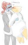  &lt;3 alphys anthro blush clothed clothing couple duo female female/female interspecies kelaruj kissing lifting reptile scalie simple_background size_difference slightly_chubby undertale undyne video_games white_background 