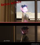  3d_(artwork) anthro before_and_after breasts cgi digital_media_(artwork) equine female friendship_is_magic hair hi_res horn horse hotel_room humor mammal my_little_pony pony teaser text twilight_sparkle_(mlp) unicorn willitfit 