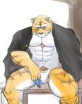  abs book clothing colored eyewear feline fundoshi glasses hi_res japanese_clothing looking_at_viewer male mammal muscular pecs simple_background solo tiger tree trustol underwear white_background 