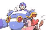  :d android blue_eyes blush_stickers clenched_hand commentary crossover gloves green_eyes helmet inkerton-kun kirby kirby:_planet_robobot kirby_(series) mecha open_mouth ride_armor robobot_armor robot rockman rockman_x smile teeth thumbs_up trait_connection walker white_background white_gloves x_(rockman) 