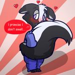  &lt;3 2016 anthro black_fur blue_eyes blush clothing cute dialogue fur jovial looking_at_viewer male mammal oversized_shirt pink_nose shy simple_background skunk smile solo striped_tail white_fur 