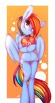  &lt;3 anthro big_eyes blue_feathers blue_fur clothed clothing collar convenient_censorship cutie_mark equine feathers female friendship_is_magic fur hair hi_res looking_up mammal multicolored_hair multicolored_tail my_little_pony navel omiart panties pegasus pink_eyes rainbow_dash_(mlp) rainbow_hair rainbow_tail semi-anthro simple_background smile solo standing topless underwear wings 