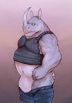  anthro anubis-kruger censored clothed clothing disney gradient_background male mammal muscular officer_mchorn pants_down partially_clothed rhinoceros simple_background solo zootopia 