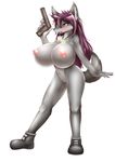  absurd_res anthro big_breasts blue_eyes blush breasts canine clothed clothing erect_nipples female gun hair hi_res long_hair mammal nipples nude open_mouth pose purple_hair pussy ranged_weapon solo sweat sweatdrop tailzkim voluptuous weapon wolf 