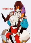  2016 animated_skeleton bone clothing coat english_text footwear group hoodie human male mammal monster not_furry one_eye_closed papyrus_(undertale) protagonist_(undertale) sandals sans_(undertale) scarf sibling simple_background skeleton smile text undead undertale video_games wink 緑茶 