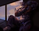  2015 abs anthro biceps big_muscles black_fur claws clothed clothing esonver feline fur male mammal muscular muscular_male navel nipples open_pants pants pecs pink_nose purple_eyes raised_arm sitting solo stripes tiger toe_claws underwear whiskers white_fur window 