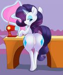  2016 anus bio-999 blue_eyes butt cutie_mark dock equine eyeshadow female feral friendship_is_magic glowing hair half-closed_eyes hi_res horn inside levitation looking_at_viewer looking_back magic makeup mammal my_little_pony purple_hair purple_tail pussy raised_tail rarity_(mlp) rear_view sewing_machine smile solo table unicorn 