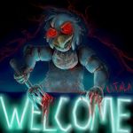  2016 animatronic avian bib bird blood chica_(fnaf) chicken clothing digital_media_(artwork) endoskeleton feathers female five_nights_at_freddy&#039;s fork glowing glowing_eyes gore machine melee_weapon monster red_eyes robot solo teeth uitinla video_games weapon 