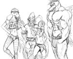  abs anthro avian beak bird black_and_white chicken clothed clothing eye_contact eyewear flamingo girly glasses group hladilnik male monochrome muscular muscular_male navel peafowl standing swan topless 