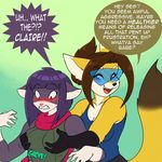  2015 anthro blush breast_grab breasts brown_hair canine cat claire_(skidd) cleavage clothed clothing dialogue duo english_text eyewear feline female female/female fennec flirting fox glasses grope hair hand_on_breast mammal purple_hair scarf sesame_akane skidd smile standing surprise text uberquest 