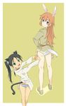  animal_ears ass bad_id bad_pixiv_id banzai_nekomimi belt black_hair blue_eyes bunny_ears cat_ears charlotte_e_yeager choker fang francesca_lucchini green_eyes hand_on_hip legs long_hair looking_back multiple_girls open_mouth orange_hair panties shirt shoes simple_background smile stretch strike_witches striped striped_panties tail twintails underwear uniform world_witches_series 
