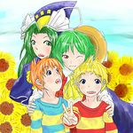  2girls artist_request ascot blonde_hair blush claus crossover flower green_eyes green_hair hat kazami_yuuka lowres lucas mima mother_(game) multiple_boys multiple_girls orange_hair plaid plaid_vest red_eyes straw_hat sunflower touhou touhou_mother v vest wizard_hat 