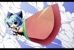  blue_hair chibi cirno food hebereke_black highres letterboxed popsicle ribbon sky solo sunrise_stance sword touhou wallpaper watermelon_bar weapon 