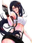  1girl bare_shoulders black_hair breasts earrings eni eni_(yoyogieni) female final_fantasy final_fantasy_vii fingerless_gloves gloves jewelry long_hair midriff miniskirt red_eyes skirt solo suspenders tank_top tanktop tifa_lockhart white_background wink 