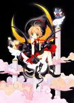  90s absurdres black_hat brown_hair cardcaptor_sakura clamp demon_tail dress hat highres kero kinomoto_sakura official_art short_hair smile suppi tail wings witch_hat 