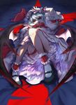  ankle_cuffs arm_up bat_wings bed blood blue_hair finger_licking hat highres legs licking lying mamada mary_janes mob_cap on_back red_eyes remilia_scarlet ribbon shoes short_hair solo thigh_ribbon touhou wings wrist_cuffs 