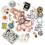  bad_id bad_pixiv_id bird bloomers blue_eyes book brown_hair bug butterfly cage cake corded_phone doll dress flower food gothic_lolita highres insect key lolita_fashion long_hair lying mirror original pastry pen phone pocket_watch rotary_phone scissors solo tea todoroki_sora underwear watch 