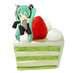  ahoge akisame_kou aqua_eyes aqua_hair bad_id bad_pixiv_id cake chibi detached_sleeves food fruit hatsune_miku headphones headset highres in_food long_hair minigirl pastry simple_background sitting skirt solo strawberry thighhighs twintails very_long_hair vocaloid 