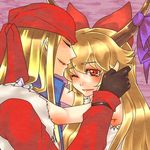  1girl axl_low bow crossover fingerless_gloves gloves guilty_gear hair_bow hetero horn_ribbon horns ibuki_suika m.u.g.e.n oni red_eyes ribbon tears tobi_(discharge_cycle) touhou wince 