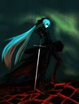  aqua_eyes aqua_hair armor claymore_(sword) colored_eyelashes dark faux_traditional_media gauntlets greaves hatsune_miku highres jitome kuyama516 long_hair ponytail shield solo standing sword very_long_hair vocaloid weapon 