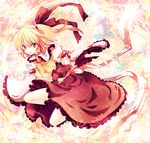  :p alternate_costume arm_support bad_id bad_pixiv_id blonde_hair dress flandre_scarlet frills gathers hair_ribbon highres long_sleeves no_hat no_headwear one_side_up ponytail red_eyes ribbon riichu short_hair solo tongue tongue_out touhou tsurime 