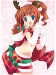  :d animal_ears antlers aqua_eyes bangs belt blunt_bangs blush breasts brown_hair christmas flat_chest hand_puppet hat idolmaster idolmaster_(classic) medium_breasts midriff navel no_bra open_mouth plaid puppet ribbon sakana santa_costume santa_hat short_hair skirt smile solo standing stuffed_animal stuffed_toy takatsuki_yayoi teddy_bear twintails underboob 