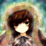  blush brown_hair green_eyes head_tilt heterochromia long_hair red_eyes rokuroubuna rozen_maiden smile solo suiseiseki 