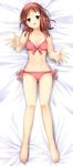  467_(artist) bad_id bad_pixiv_id barefoot bikini blush breasts brown_eyes brown_hair cameltoe cleavage dakimakura feet from_above front-tie_top full_body hands highres navel outstretched_hand reaching saki side-tie_bikini small_breasts smile solo swimsuit takei_hisa 