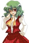  ;) adjusting_hair ascot breasts cleavage green_hair kazami_yuuka large_breasts one_eye_closed open_clothes open_shirt plaid plaid_skirt plaid_vest red_eyes ribbon shaded_face shirt simple_background skirt skirt_set smile solo touhou umeshyu_sake untied vest white_background 