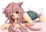  all_fours animal_ears bad_id bad_pixiv_id barefoot blastbeat blush brown_eyes cat_ears copyright_request long_hair open_mouth pink_hair pleated_skirt skirt solo tank_top tears trembling 