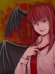  bat_wings fangs head_wings koakuma licking_lips long_hair long_sleeves misopanne necktie pink_eyes red red_hair red_neckwear shirt solo tongue tongue_out touhou undressing white_shirt wings 