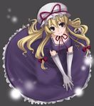  bad_id bad_pixiv_id blonde_hair bow breasts cleavage dress elbow_gloves from_above gloves hat kneeling light_particles lips long_hair medium_breasts purple_eyes smile solo tottoto_tomekichi touhou v_arms yakumo_yukari 