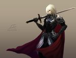  aqua_eyes armor blonde_hair cape gloves highres leon_(sword_world) male_focus solo sword sword_world tachikawa_mushimaro wallpaper weapon 