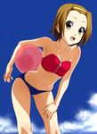  armpits ball bare_shoulders beachball bent_over bikini brown_eyes brown_hair collarbone day forehead hairband highres k-on! norizou_type-r short_hair solo sports_bikini swimsuit tainaka_ritsu 