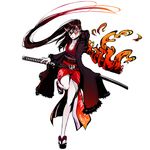  black_hair breasts cleavage coat fire fur_trim hamada_youho highres horns japanese_clothes katana large_breasts legs long_hair okobo original sandals sheath sheathed solo sword weapon whorled_flames 