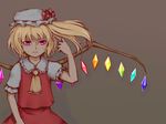  blonde_hair crystal flandre_scarlet frills grey hat hat_ribbon misopanne pink_eyes ribbon short_sleeves side_ponytail simple_background solo touhou wings 