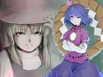  crossed_arms green_eyes hair_ornament hat leaf leaf_hair_ornament long_sleeves mirror misopanne moriya_suwako multiple_girls purple_hair ribbon rope serious short_hair smile touhou yasaka_kanako 