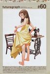  barefoot brown_eyes brown_hair chair dress full_body highres legs long_hair mouth_hold murata_renji non-web_source pins scan sewing sewing_machine skirt_hold solo yellow_dress 