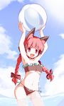  :d animal_ears armpits arms_up ball bandeau bangs beachball bikini blunt_bangs bow braid breasts cat_ears colorized day fujy hair_bow hair_ribbon highres holding kaenbyou_rin long_hair looking_at_viewer medium_breasts miko_machi navel open_mouth red_eyes red_hair ribbon short_hair side-tie_bikini smile solo swimsuit touhou twin_braids twintails underboob wading water 