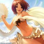  aquarian_age bandeau bare_shoulders bikini bow brown_eyes brown_hair cloud day dutch_angle lens_flare navel open_mouth revision ribbon sarong sarong_removed shiny sky smile solo swimsuit tachikawa_mushimaro thigh_gap white_sarong 