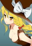  bare_shoulders blonde_hair braid breasts cleavage collarbone downblouse face hat kirisame_marisa long_hair medium_breasts ribbon solo touhou witch_hat yellow_eyes zpolice 