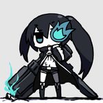  arm_cannon black_hair black_rock_shooter black_rock_shooter_(character) blue_eyes burning_eye chan_co chibi full_body long_hair midriff solo twintails uneven_twintails weapon 