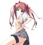  between_fingers bow brown_eyes brown_hair hair_bow hair_ribbon holding_needle needle ribbon sakana shirai_kuroko solo thigh_strap throwing_needles to_aru_kagaku_no_railgun to_aru_majutsu_no_index twintails 