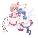  alternate_costume bad_id bad_pixiv_id blonde_hair blue_eyes blue_hair blush bow cirno dress flandre_scarlet hair_bow hair_ribbon heart long_hair maimu_(polka) multiple_girls puffy_sleeves red_eyes ribbon shoes short_hair side_ponytail smile touhou wings 