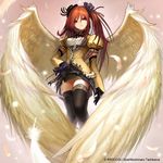  :3 angel angel_wings aquarian_age artist_name black_gloves black_legwear bow bowed_wings brown_hair detached_sleeves elbow_gloves feathers frills garter_straps gloves hair_bow hat lace large_wings lips long_hair looking_at_viewer puffy_short_sleeves puffy_sleeves red_eyes red_hair short_sleeves side_ponytail skirt smile solo tachikawa_mushimaro thighhighs watermark wings zettai_ryouiki 